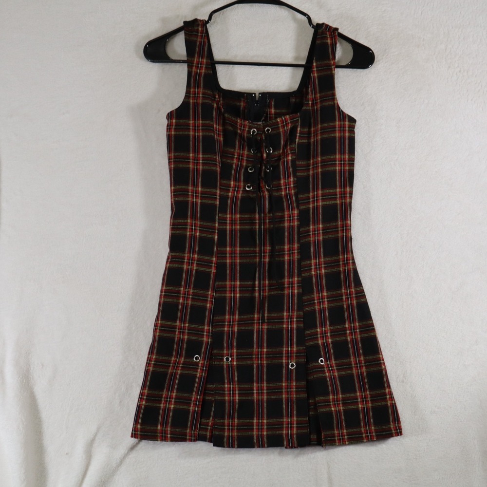 Lip Service Women's Plaid Lace Up Mini Dress Punk Grunge Square Neck Size Petite